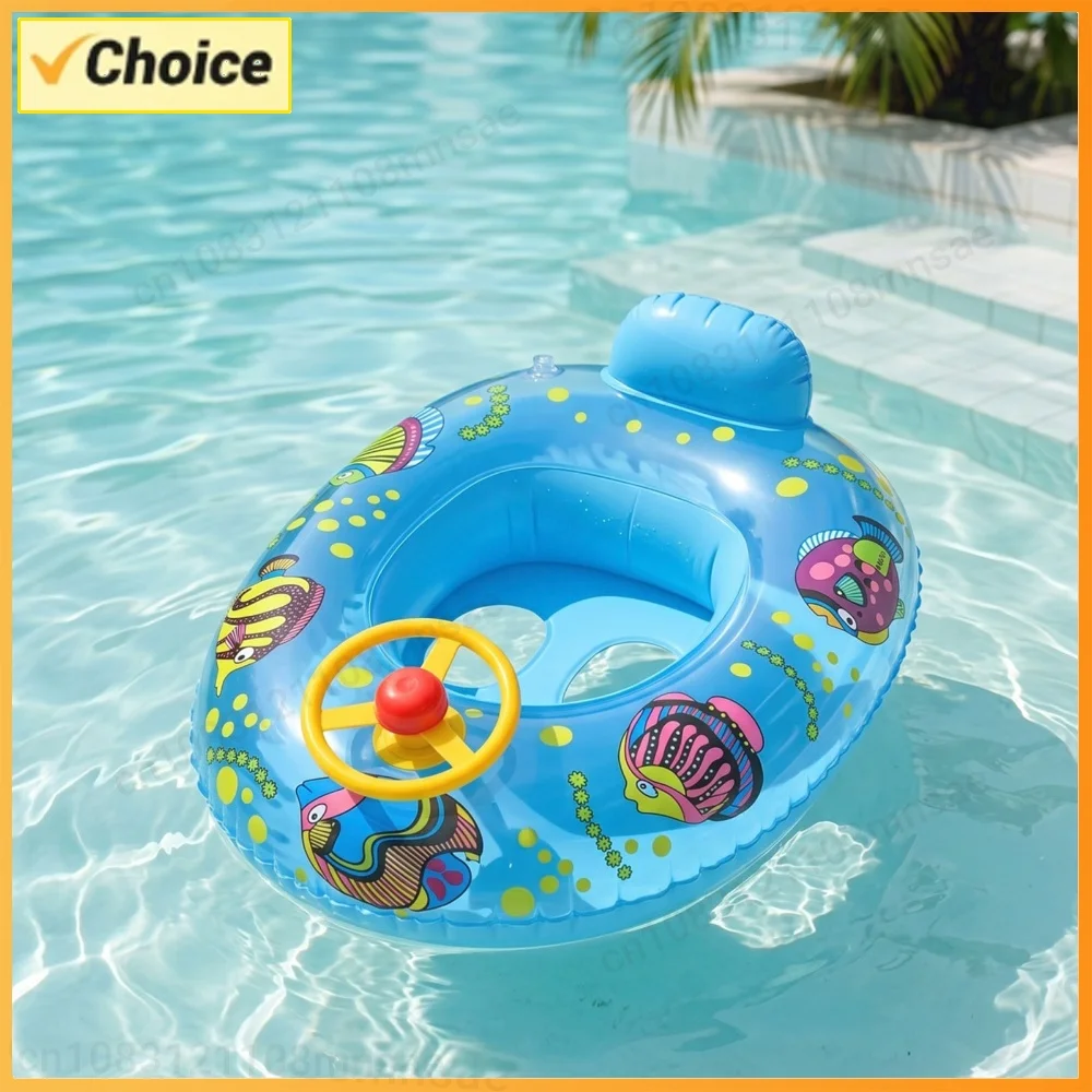 PVC Cartoon Animals Float Ring with Steering Wheel Soft Pool Inflatable Seat Kids Water Play Games Accessories for Children