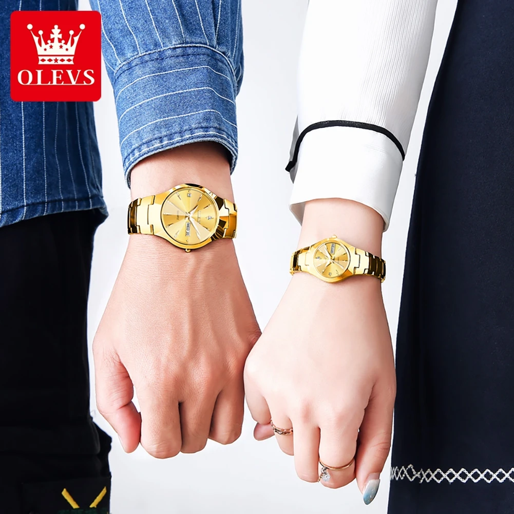 OLEVS Original Gold Couple Watch Elegant Rhombus Mirror Luxury Tungsteel Strap Fashion Lover\'s Wristwatches Date Men Women Clock