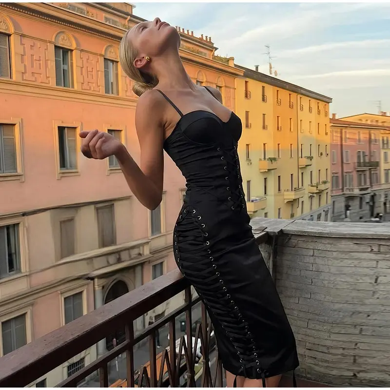 Seitlich gebundener, figurbetonter Midirock für Damen, sexy, hohe Taille, Hüftbetonter Schnitt, Schnürung, figurbetonter Rock, charmante Damenmode, einfarbig, schmal geschnitten, neu für Partys. – Detail 5