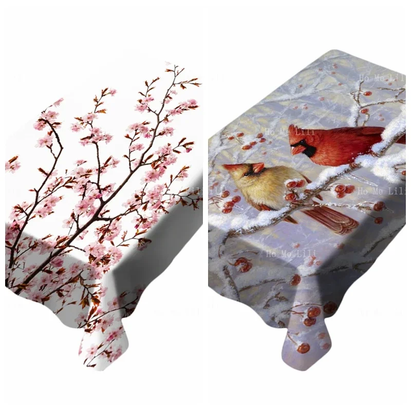 Nature Girly Pink Cherry Blossom Floral Sakura Winter Joy Strike Bird Cardinals On Snowy Branch Tablecloth By Ho Me Lili