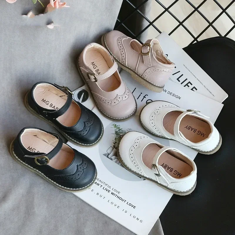 New Kids Shoes Children Princess Shoes Baby Girls Beige Leather Shoes Toddler Fashion Flats Soft Sweet Shoes Party