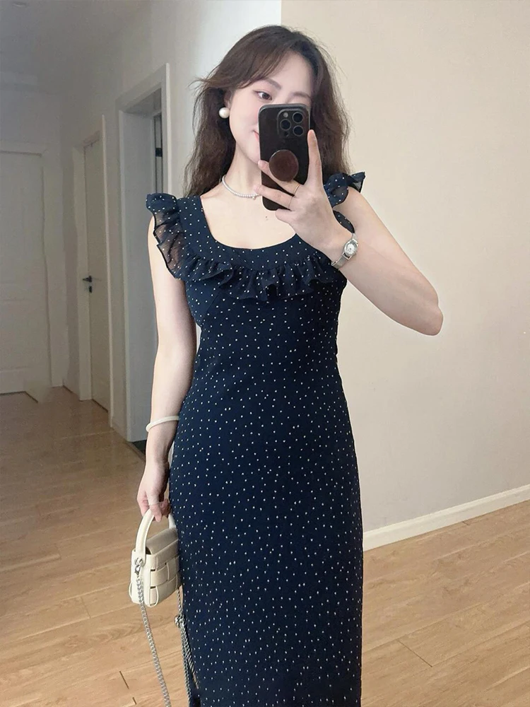 Hebe Sle Polka Dot Chiffon Dr Femmes Été Grande Taille Belle Taille Cinched Jupe Longue Français Sle Taille Haute A-Line...