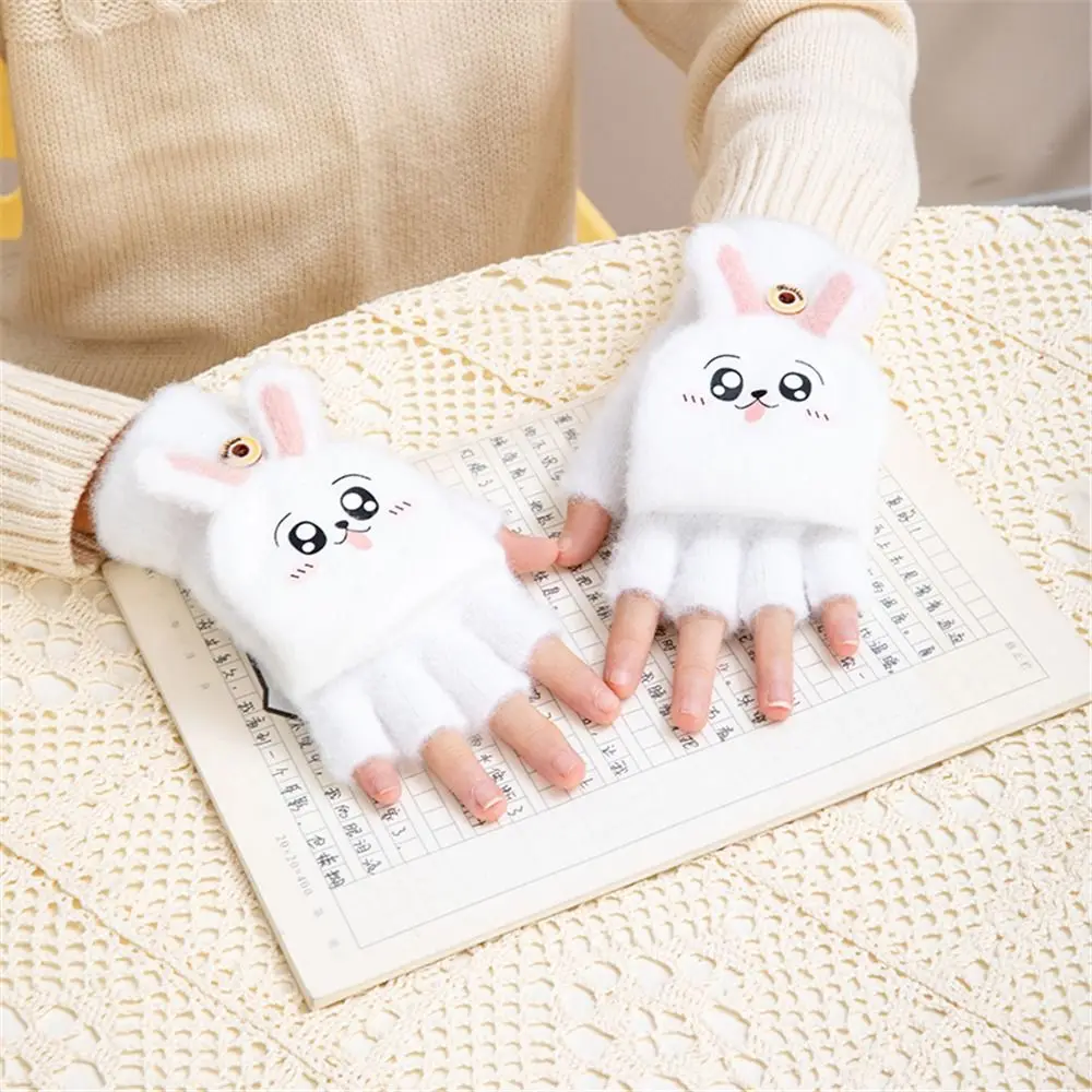 Thick Plush Kids Winter Warm Gloves Half Finger Flip Cover Soft Mink Fleece Student Mittens Riding/Writing Gloves 3-12Years