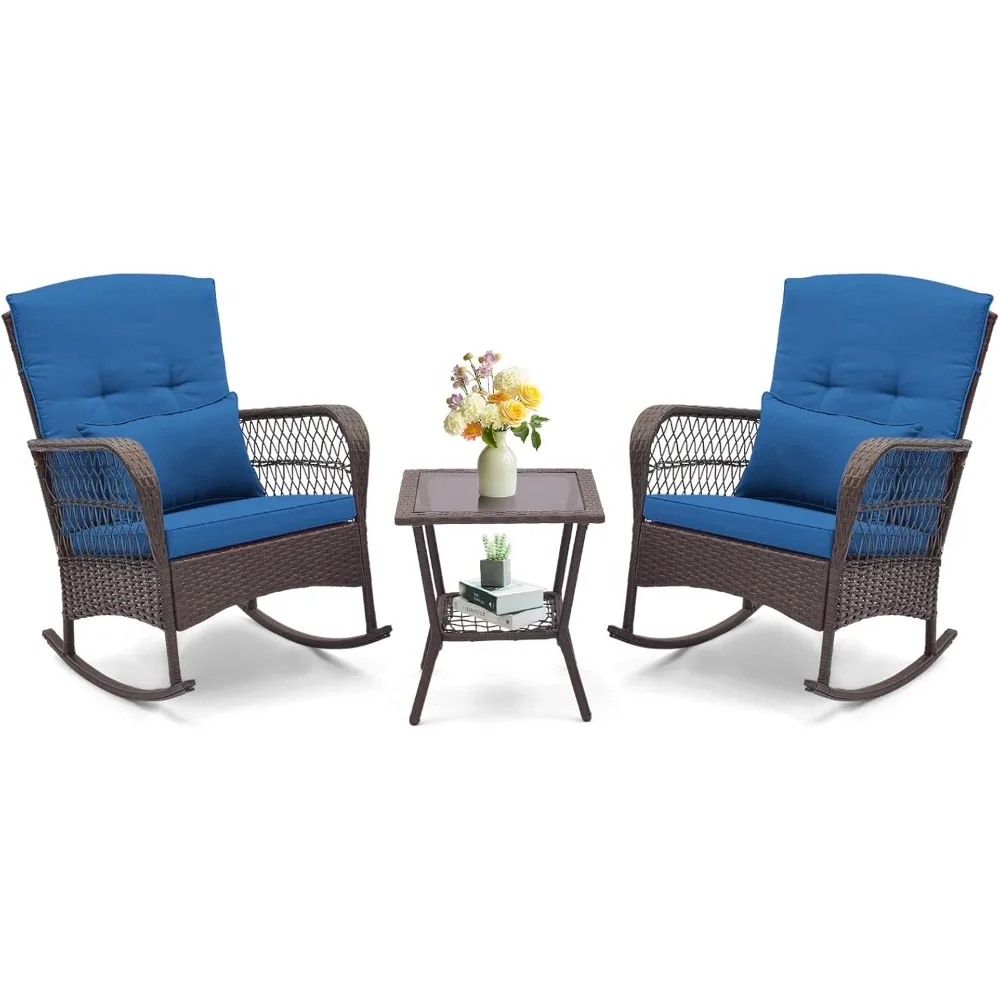 

3 Pieces Patio Furniture Wicker Rocker Set, Outdoor Rocking Chairs with Cushions, Pillows, Glass Coffee Table, Rattan Bistro Se