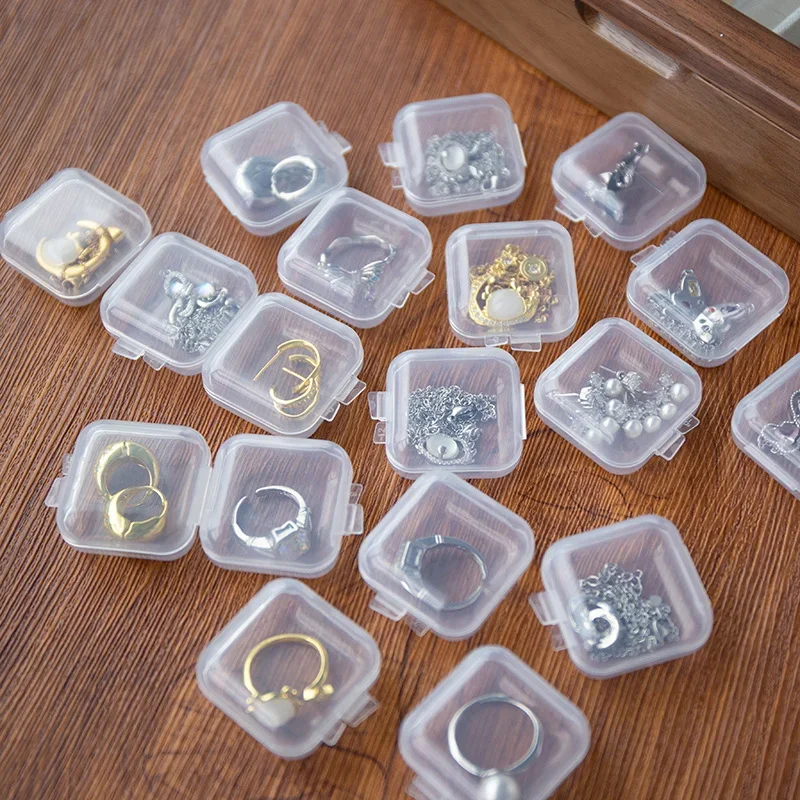 100/1pcs Mini Jewelry Storage Boxes Plastic Transparent Square Storage Box for Pill Earrings Rings Dustproof Protection Pack Box