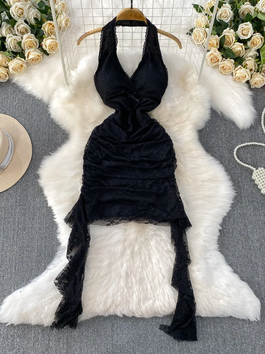 Foamlina العصرية الأمريكية الساخنة فتاة الدانتيل الخامس الرقبة الرسن فستان الصيف تصميم فريد من نوعه فلوي التعادل حتى مثير سليم صالح فستان قصير قصير