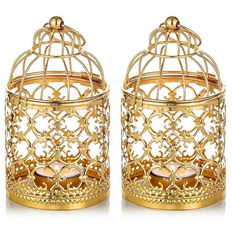 

2Pcs Small Metal Tea Lights, Hanging Bird Cage Lanterns, Candle Gold Lanterns, Vintage Wedding And Party Decorations