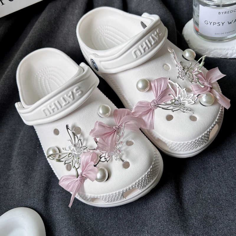 New Jibbitz Ballet Ribbon Hole Shoe Accessory Silver Butterfly Shoe Buckle Perfect For Beach Shoes & Personalizing Accessories