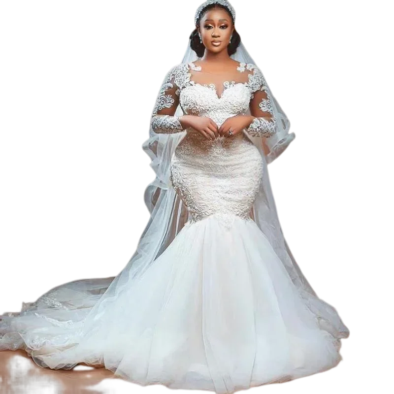 Aangepaste Plus Size Zeemeermin Kant Trouwjurken Voor Afrikaanse Vrouwen Sweep Trein Lange Mouwen Bruidsjurk Vestidos De Novia