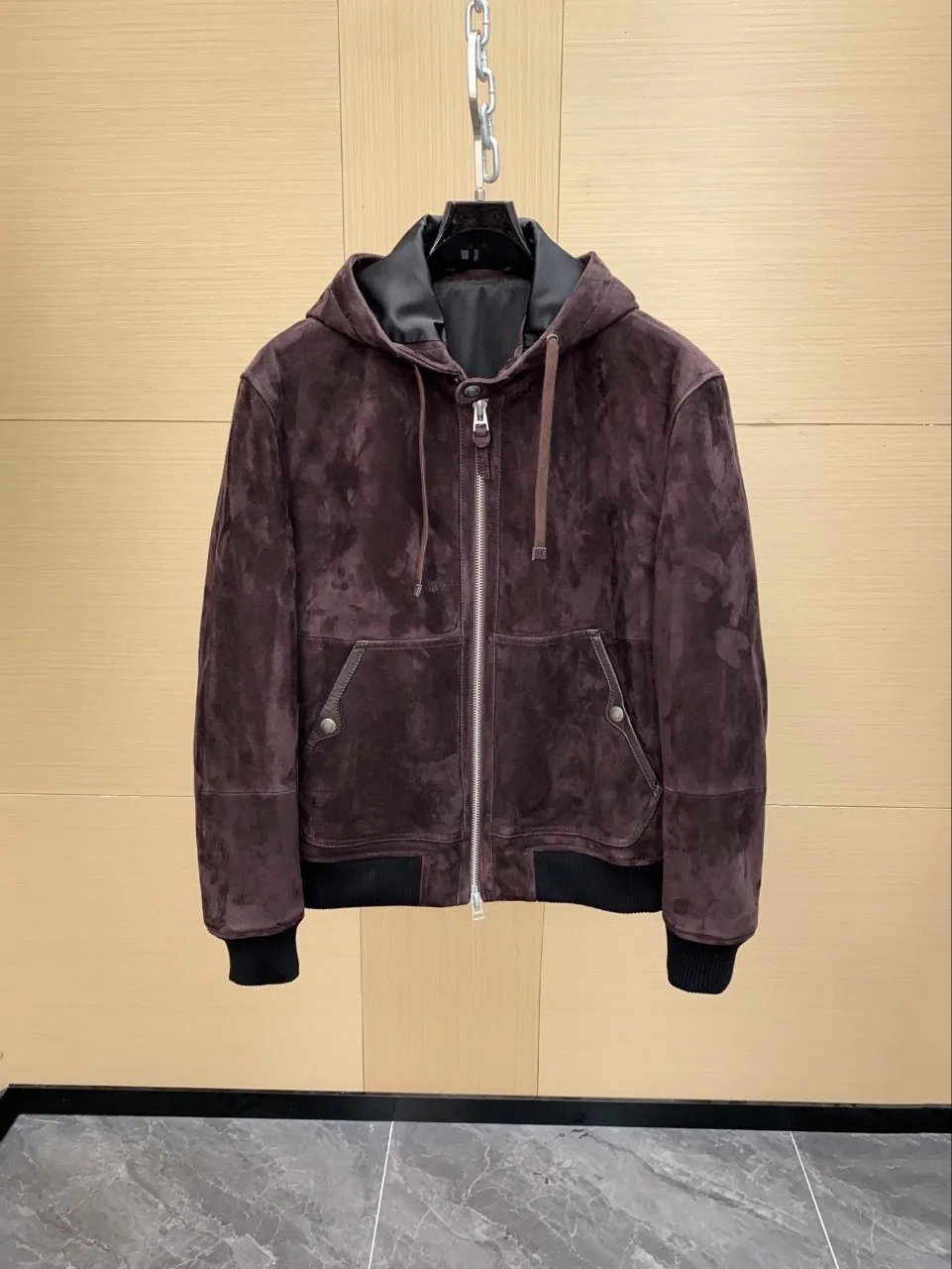 TF Men Old Money Style 26 Autumn Winter New Zipper Hooded Front Closure Motorcycle Short Suede Jacket