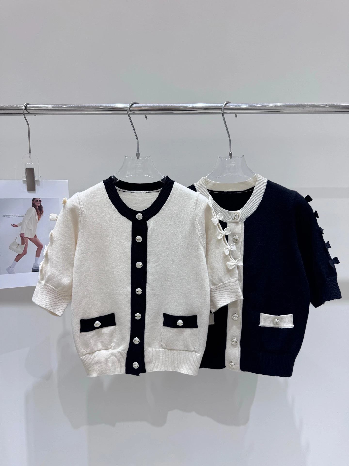 

VIBE Fashion Brand Spring Autumn Knot Short Sleeve round Neck Knitted Open Cardigan Women's Color Block B...