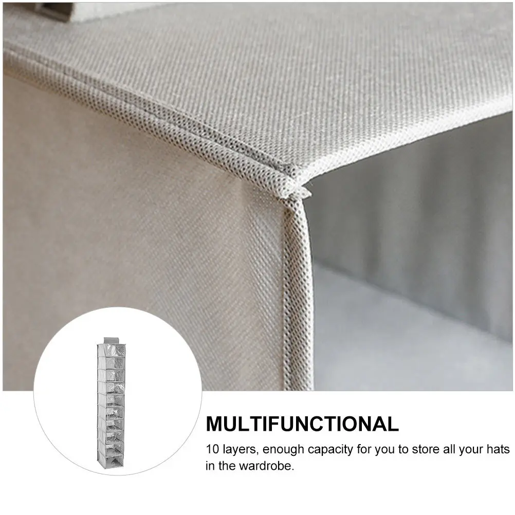 

1pc 10 Layer Non-Woven Hats Storage Hanging Bag Grey Dustproof Reusable Wardrobe Organizer Pouch For Caps Container Protector