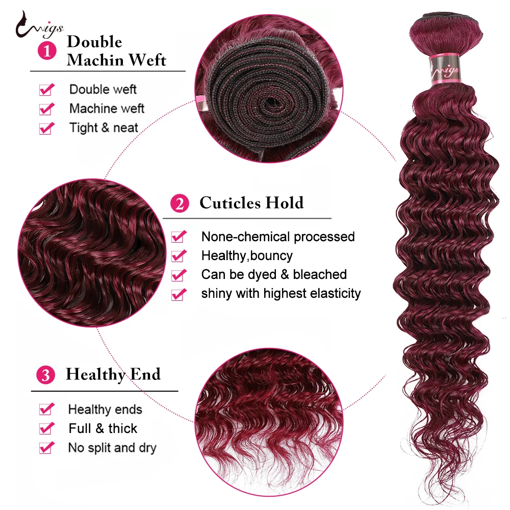 Uwigs 99J Burgundy Human Hair Bundles Brazilian Deep Wave Bundles 1/3/4 PCS Colored Red Human Hair Bundle Deals Hair Extensions