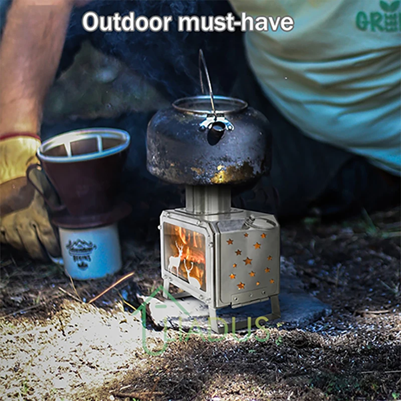 Estufa de leña de acero inoxidable para exteriores, horno de barbacoa portátil para acampar, Picnic, con función de utensilios de cocina, diseño plegable