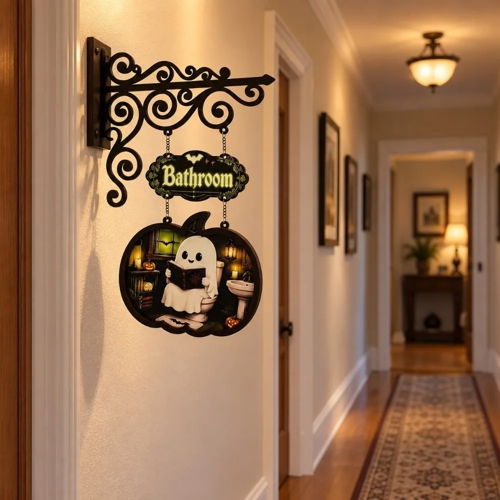 Ghost Halloween Welcome Sign Wooden Glow In The Dark Pumpkin Plaque Hanging Ornaments Gothic Dark Spooky Door Sign Decoration