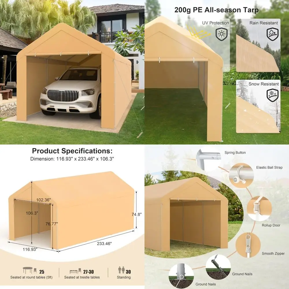 

carport 10'x20' heavy duty car canopy portable garage with removable sidewalls & doors for truck boat car port, party, storage