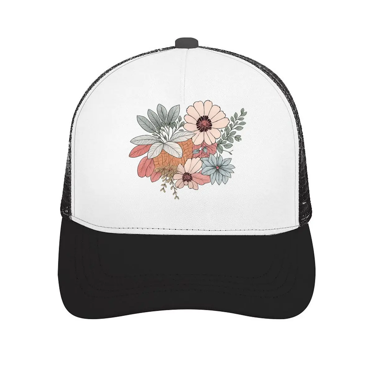 Vintage Floral Bouquet Cluster Botanical Flower Illustration Art Mesh Baseball Cap Casual Hat For Womens Unisex Female
