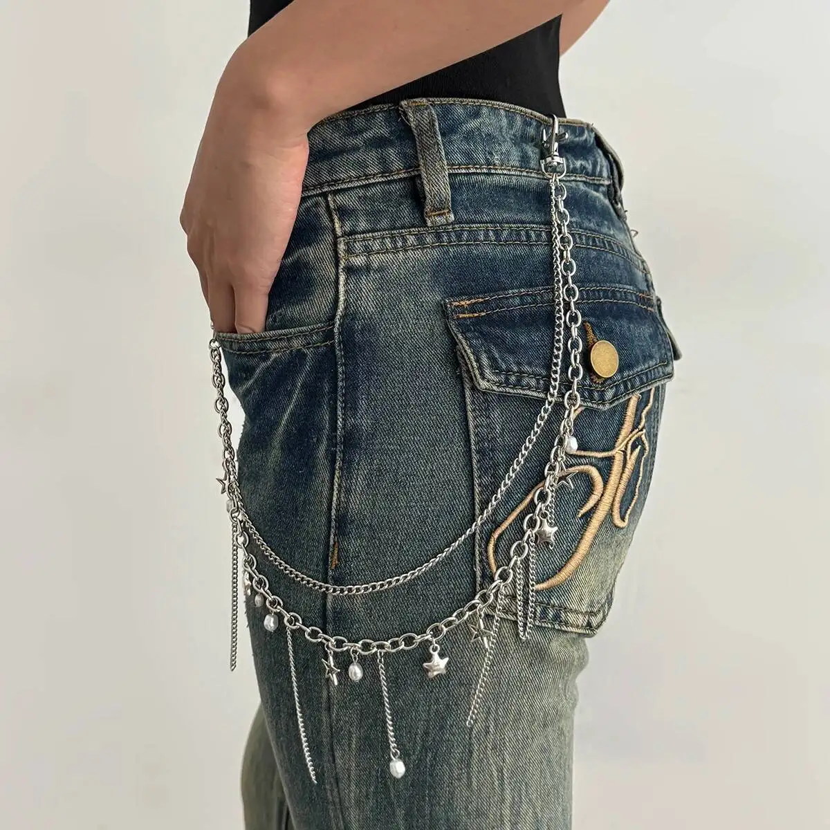 Salircon Hip Hop Punk Silber Farbe Pentagramm Quaste Anhänger Gürtel Schlüsselbund Frauen Multilayer Tasche Jeans Hosen Metall Schlüsselring Schmuck
