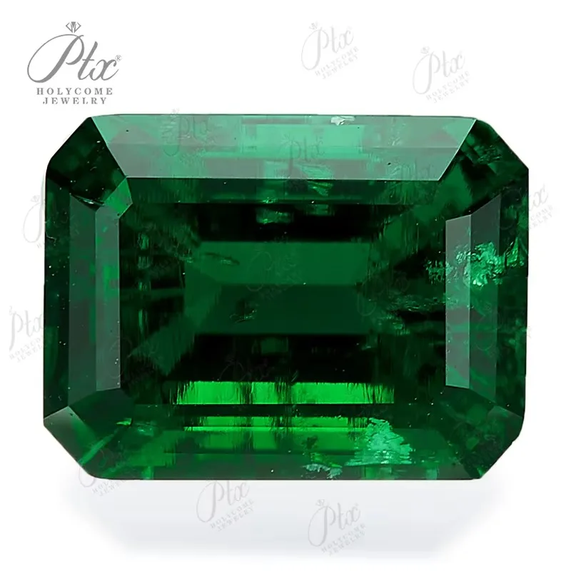 

Emerald Cut Lab-Grown Zambian Emeralds Hydrothermal Hand-Crafted with Internal Cracks Inclusions AGL Certificate Available Beads