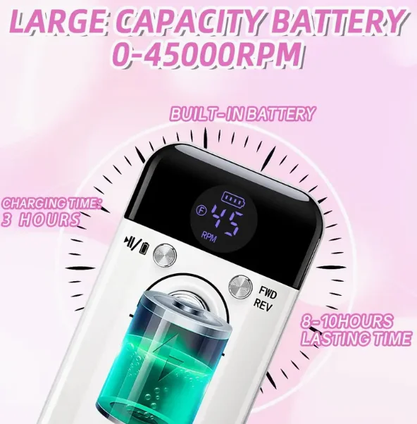 Elektryczna wiertarka do paznokci o prędkości 45 000 obr./min, z wyświetlaczem LCD, akumulatorowa, do polerowania lakieru żelowego.