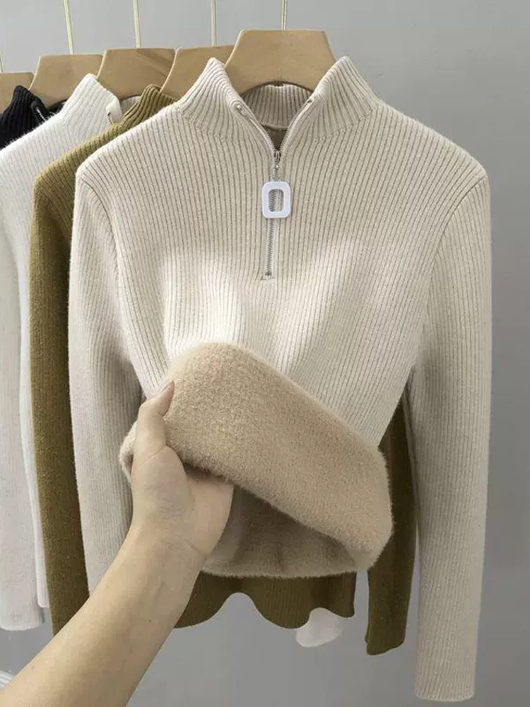 V-Neck Plus Velvet Thicken Knitted Pullover Sweater Woman Casaul Korean Fashion Knitwear Tops Jumpers Plush Lined Warm Sueter