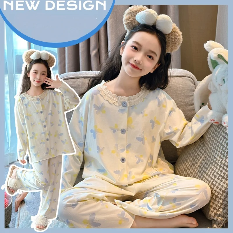 

Girls PJ Top+Bottom Sleepwear Sets Kids Butterfly Pajamas Suit Child Long Sleeves+Long Pants Set Princess Nightgowns Size 4-14Y