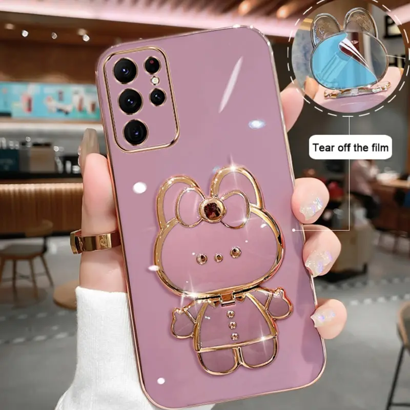 Makeup Mirror Phone Case For Samsung Galaxy S23 Ultra Plating Cartoon Rabbit Folding Bracket Phone Protection Case Cover