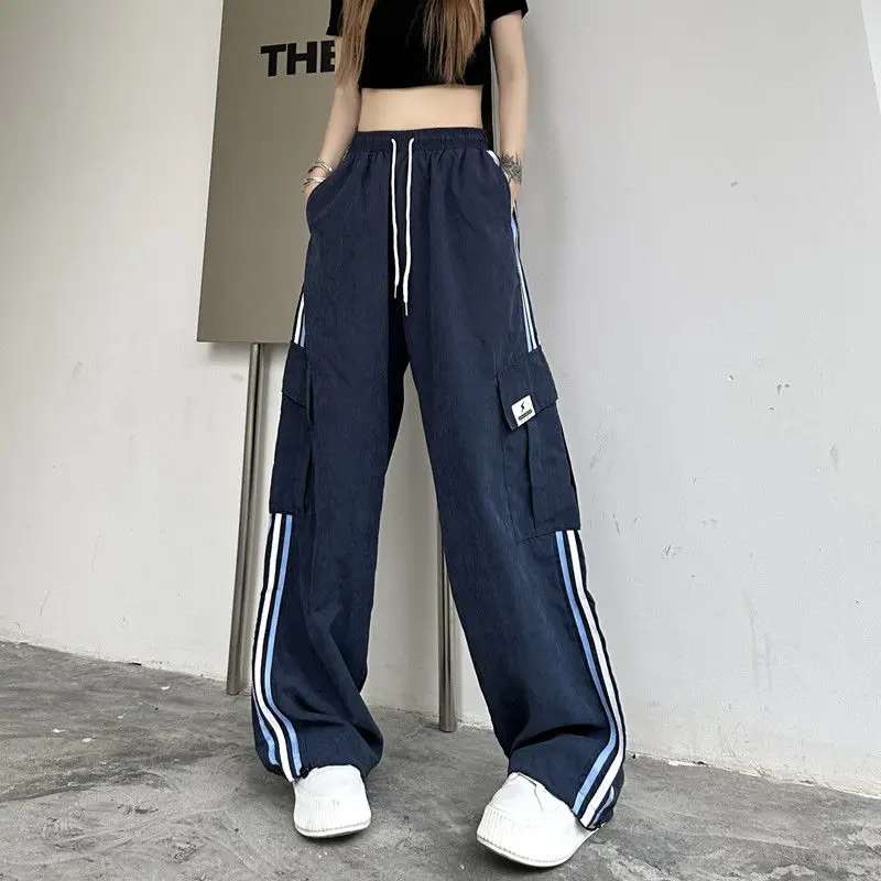 หญิง Vintage Cargo ฤดูใบไม้ผลิใหม่เกาหลีหลวมสบายๆกางเกงขากว้างแนวโน้มกระเป๋าสตางค์เอวสูงกางเกงผู้หญิงกางเกง