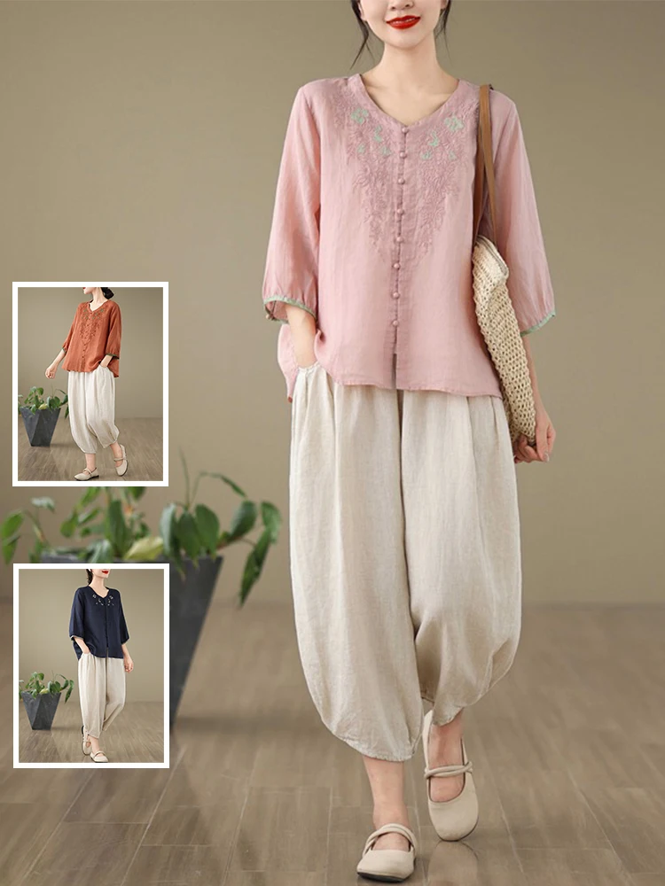 

Retro Cotton Linen Two-Piece Set Women's Embroidered Thin V-Ne irt Harlan Nine-Piece Pants Loose Casual Outfit