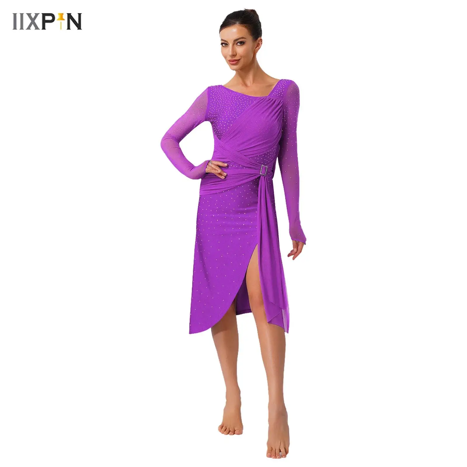 

Women's Latin Lyrical Dance Dress Fashion V-neck Long Sleeves Rhinestone Ruched Belt Split Design Rhythm Dress Ballroom Costume