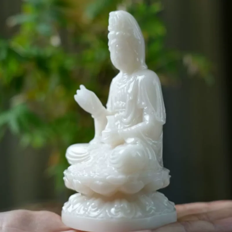 Exquisite Jade Carving White Jade Guanyin Statue - Compassionate Bodhisattva Sculpture, Home Tabletop Decor Ornament