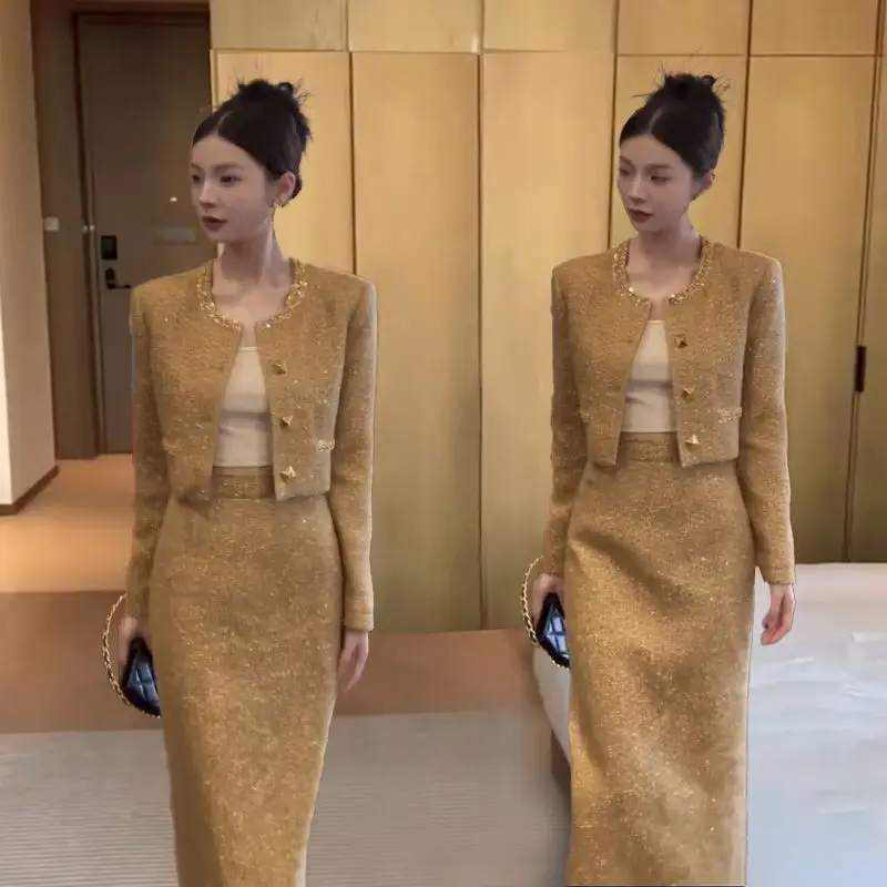 

Fashion Women's Set Spring and Autumn New Style Elegant Ladies' Short Coat High Waist Half Skirt Two Piece Set