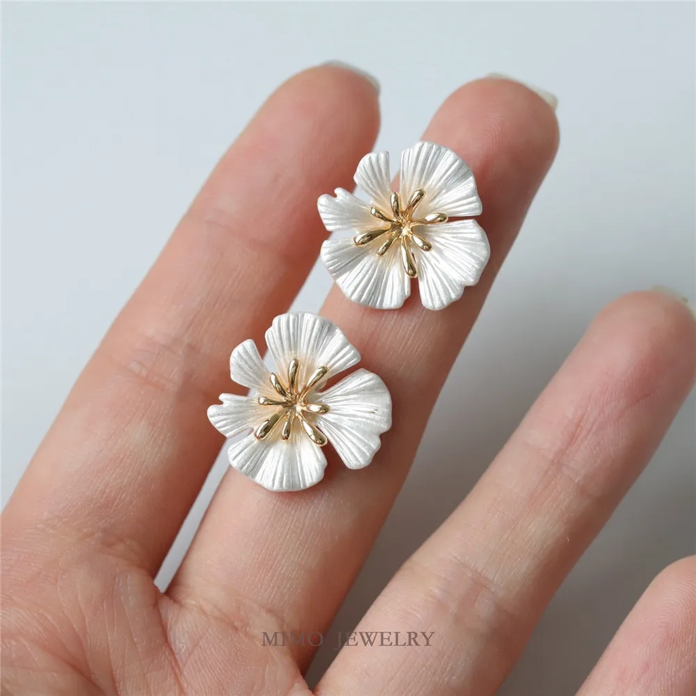 Copper Plated Real Gold Korean Version Silver Painted Flower 925 Silver Needle Stud Earrings DIY Handmade Charm Accessories