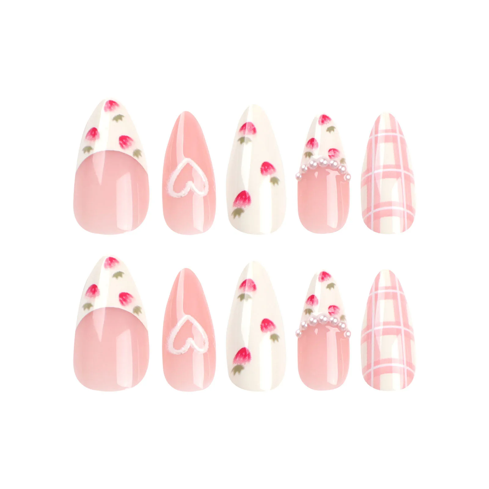 24pcs White Pearl French False Nails Press On Nail Tips Full Cover Strawberry Plaid Printed Fake Nails Long Almond Finished Nail