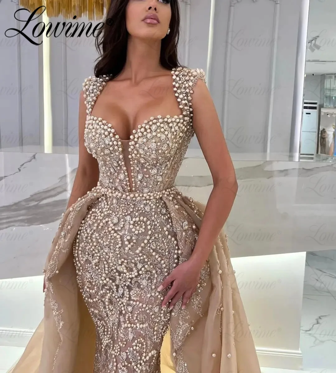 Robe De Soiree Luxury Beaded Evening Dress Customized Arabic Occasion Prom Dresses With Detachable Train Middle East Party Gowns