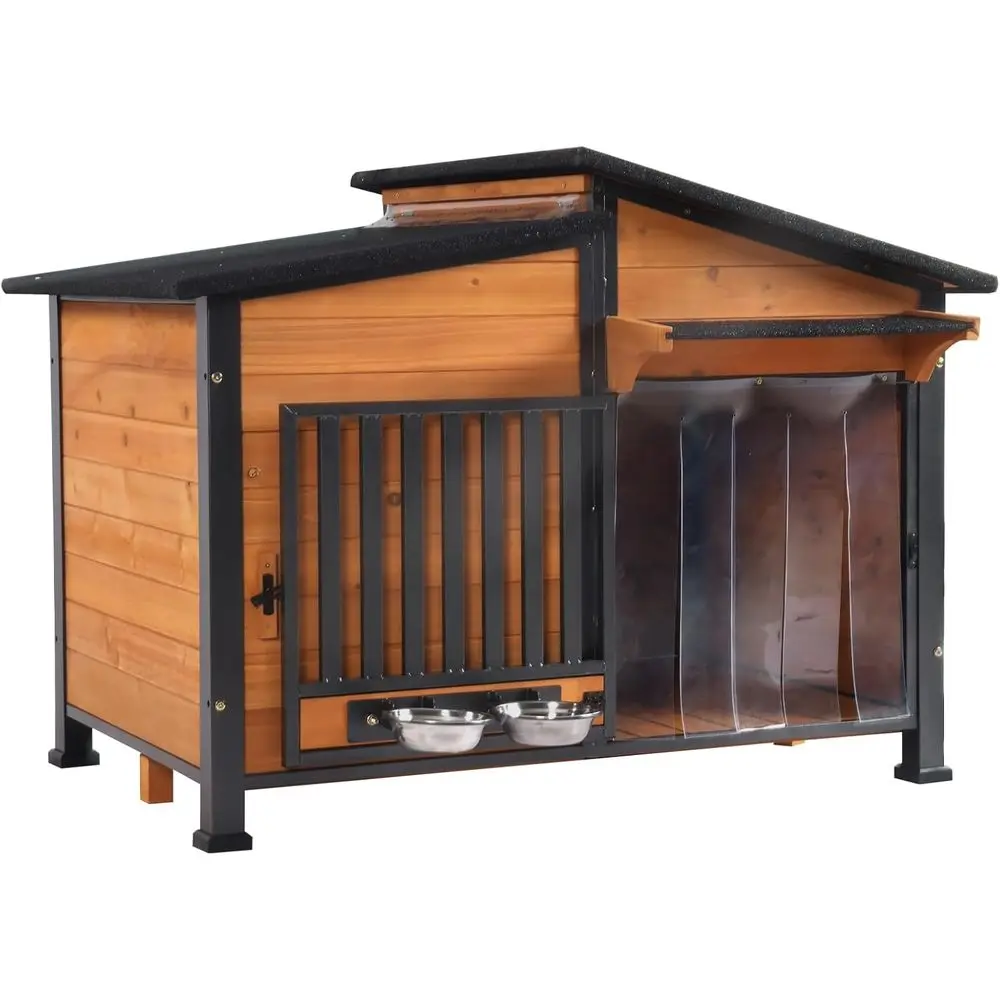 

Outdoor Dog Kennel with Metal, Rotating Food Bowl, PVC Door Curtain, Weatherproof for Small Medium Dogs, 39.7 L x 25.5 W x 32.2