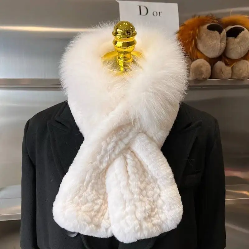 

Real Rabbit Fur Scarf Winter Warm Neck Warmers Natural Warm Fur Scarves Fashion Genuine Rabbit Fur Knitted Scarf With Fox Fur