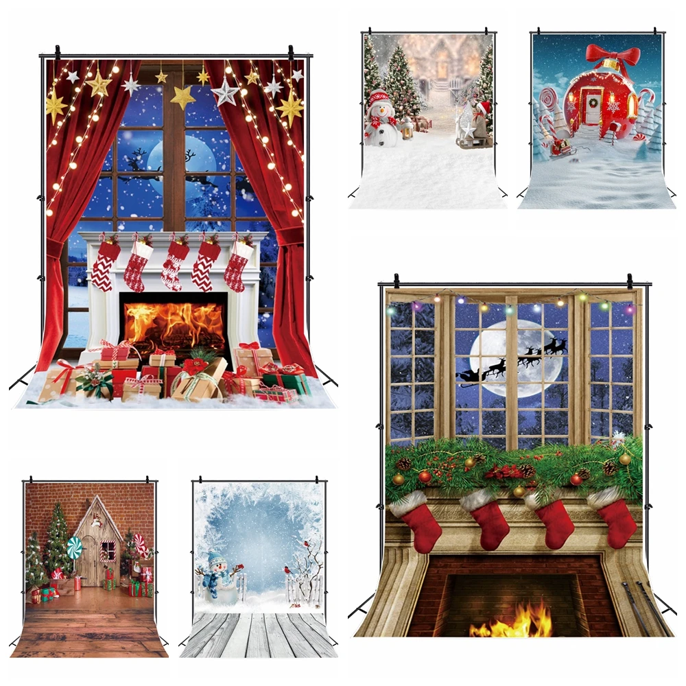

Christmas Photography Backdrop Wood Door Winter Xmas Tree Fireplace Gift Family Snowman Party Decor Background Photo Props