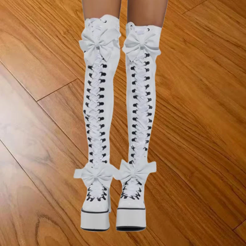 Bottes à nœud compensé à plateforme blanche pour femmes, au-dessus du genou, sangle croisée haute, mode sexy, style roman, chaussures d'été pour femmes, 2023