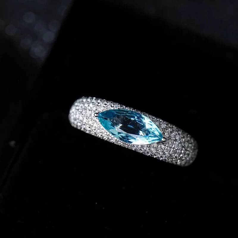 Aazuo Luxury Design 18K White Gold  Natrual Aquamarine Real Diamonds Devil's Eye Rings For Girls & Women Senior Banquet Party view 3