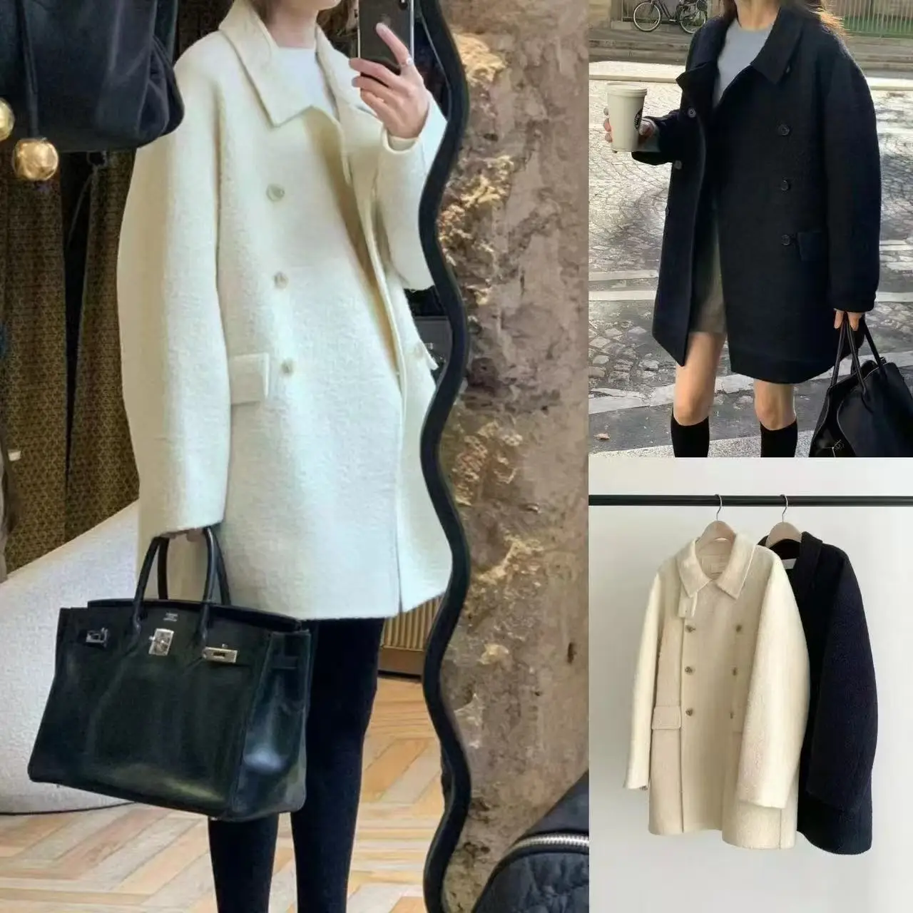 

Ounce2024 Autumn Winter Ele Lapel Double Button Mid-Length u Li Wool Loose Coat Outerwear Long Sve Other Material
