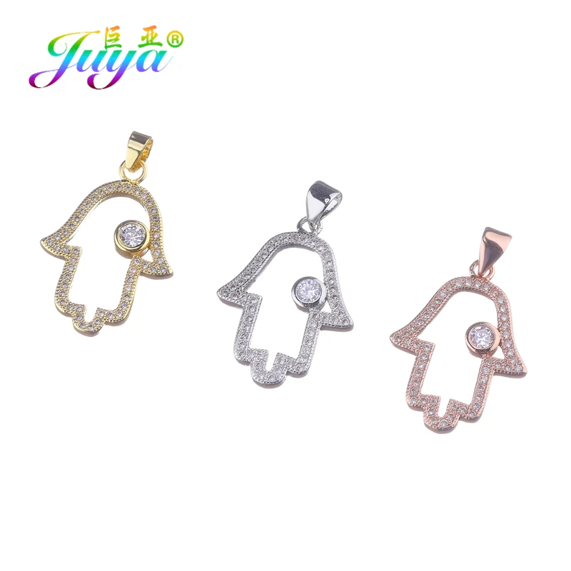 Juya DIY Turkish Jewelry Fittings 18K Plated Copper Hamsa Hand Fatima Pendant For Women Charm Bracelet Necklace Earring Making