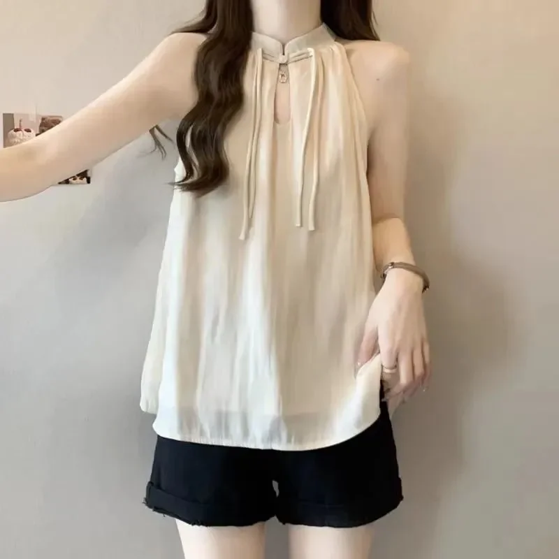 

Elegant Women's Sleeveless Top With Chin Collar And Front Hollow Detail For Office Wear In Summer Chinese Inspired Design