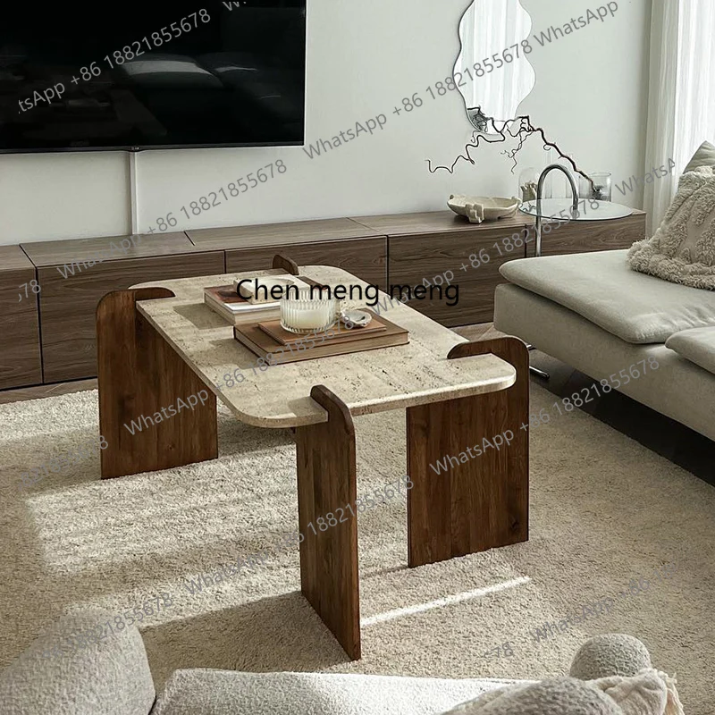 

Natural travertine coffee table, solid wood tea table rectangular living room Roman cave coffee table
