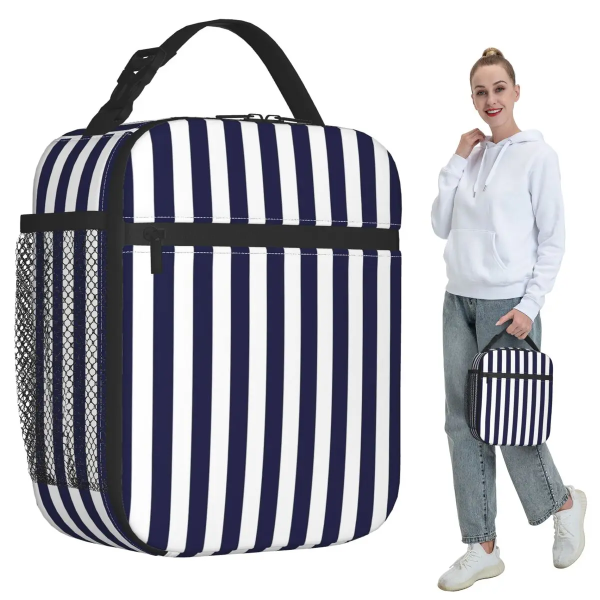 

Large Black And White Cabana Stripe Insulated Lunch Bag for Kids Cooler Thermal Food Box Tote Leakproof Lunch Boxes Container