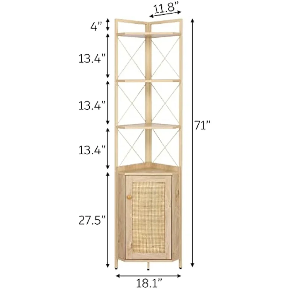 Półka narożna z szafką, wielofunkcyjny szafka narożna 71 cali z drzwiami zdobionymi rattanem, regały magazynowe narożne