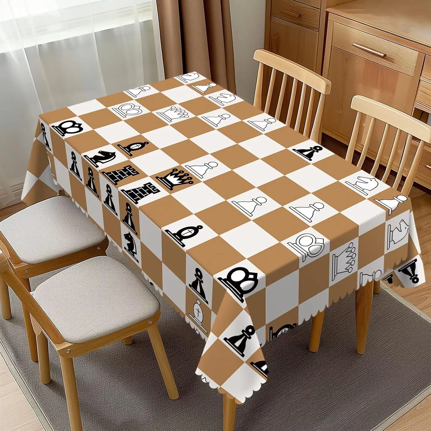 Mantel para mesa de ajedrez, color marrón, con diseño de Rey, Reina y Caballo, cubierta para mesa de juego de ajedrez, resistente a las arrugas, decoración para cocina, comedor y fiestas