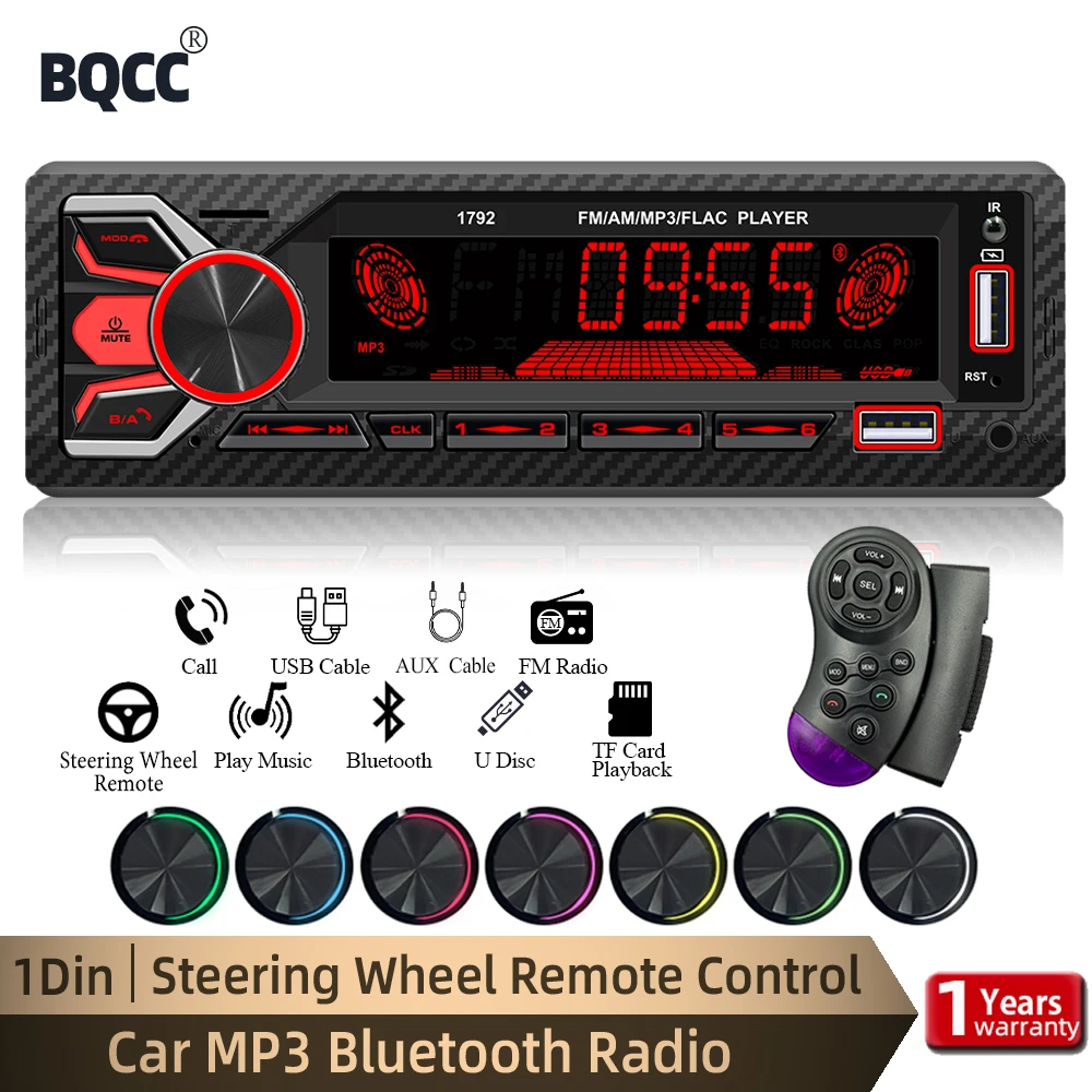 BQCC Car Radio 1 Din MP3 Bluetooth Player 7 Colors 60W*4 Stereo FM Receiver With Remote Control AUX/2 USB/TF Find Car Function