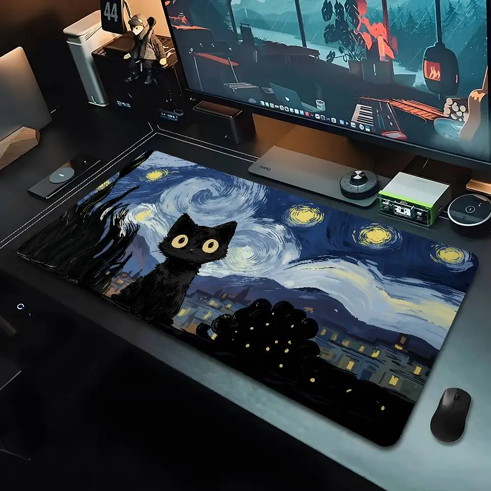 Starry Night mouse pad with cute black cat, study and office use, office accessories, rectangular workstation pad - durable, wat