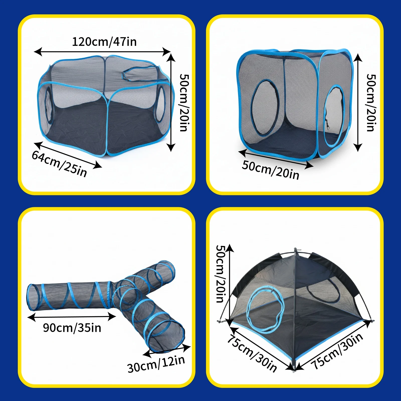 1 Pack Detachable 4-in-1 Cat Play Tent Set, Foldable Mesh Tunnel Playpen with Carry Bag for Indoor Outdoor